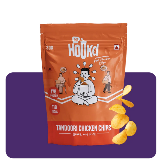 Hookd Tandoori chicken chips made from real chicken with bold tandoori spices, high protein and low calories.