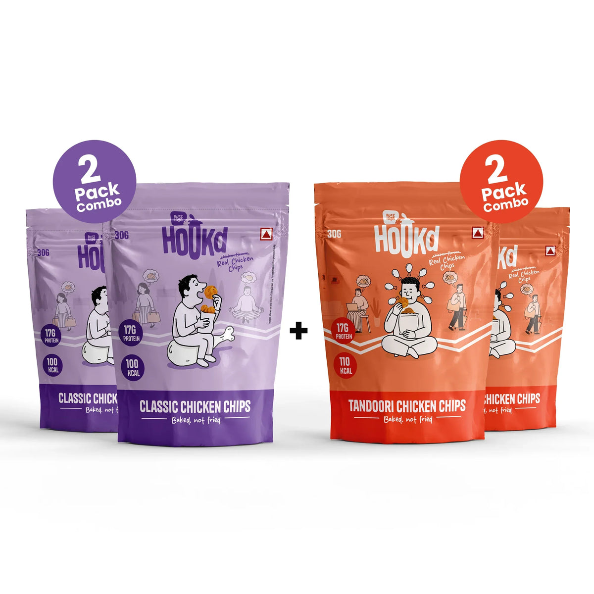 2-pack combo of Classic and Tandoori chicken chips, high-protein, baked not fried, 17g protein per pack