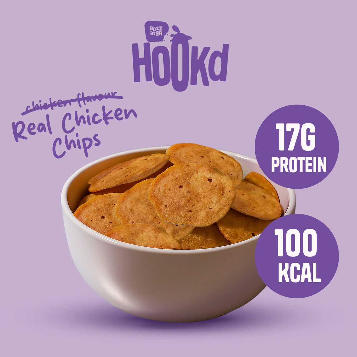 Real chicken chips in a bowl, 17g protein, 100 kcal, guilt-free snacking