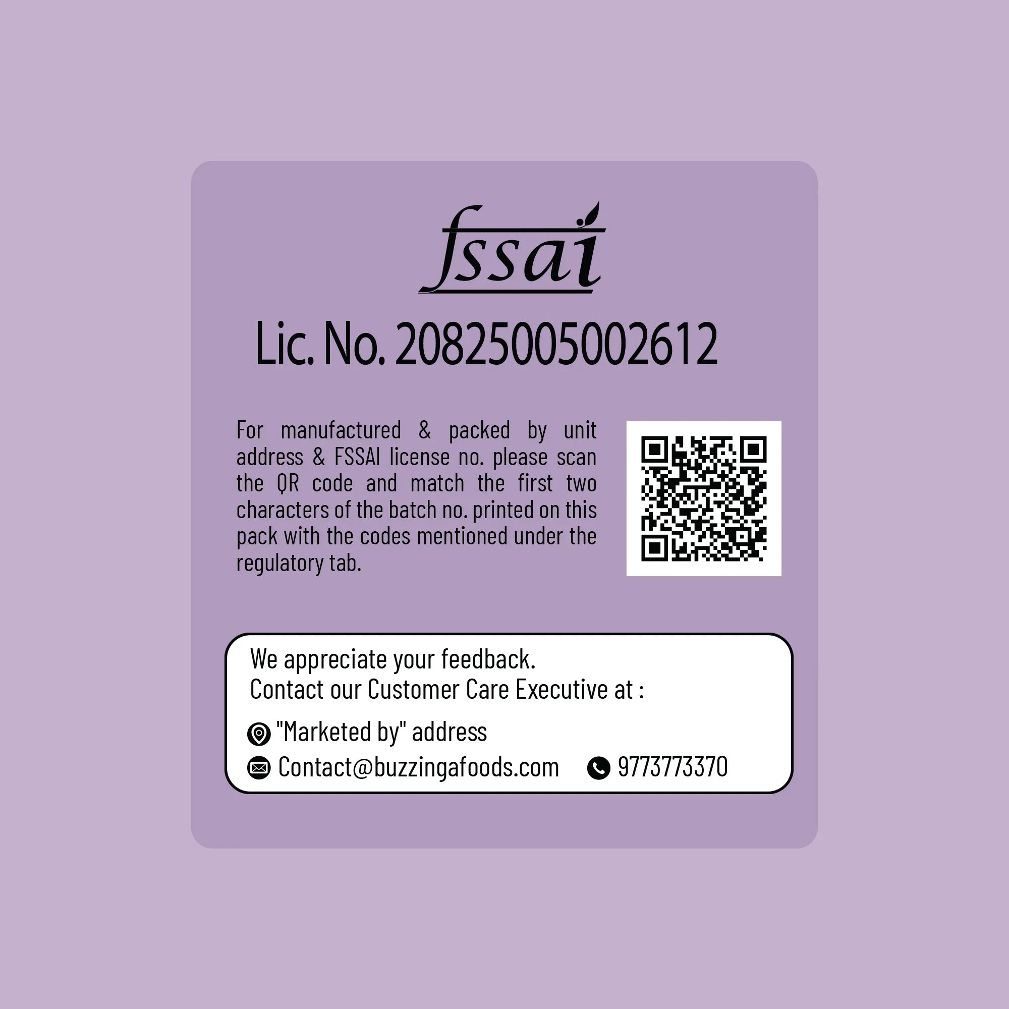 FSSAI license label with QR code for product verification and customer care contact details