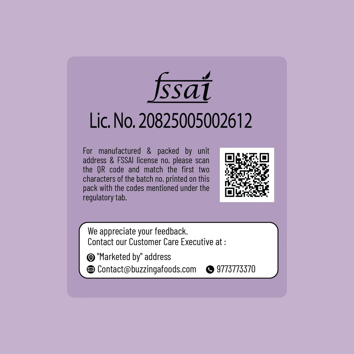 FSSAI license label with QR code for product verification and customer care contact details