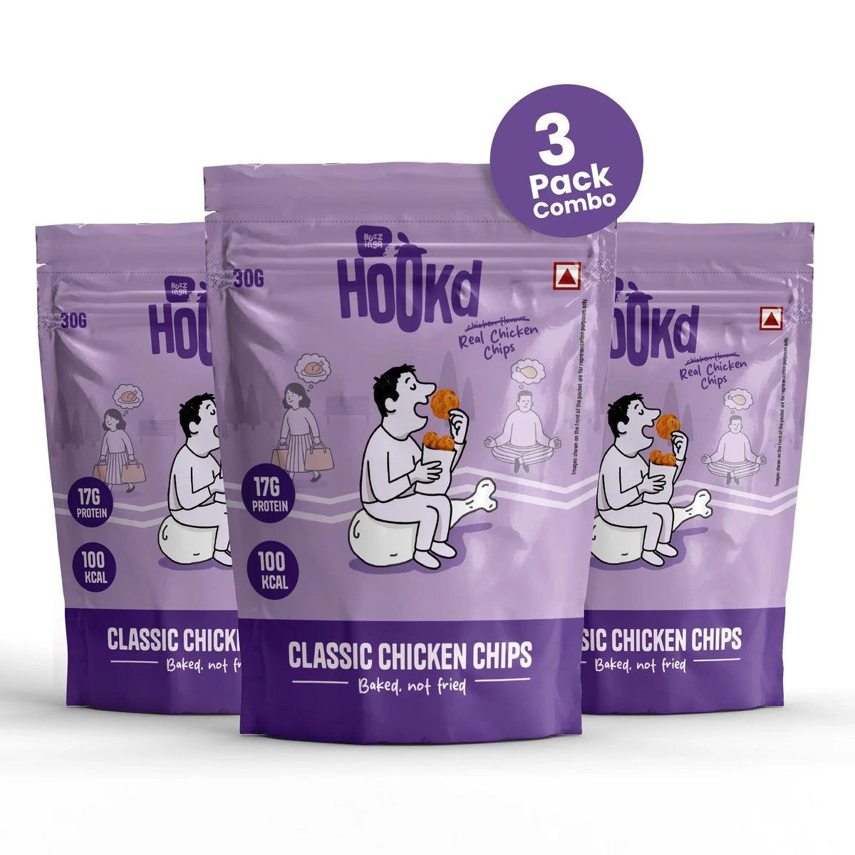 3-pack combo of Classic Chicken Chips, 17g protein, 100 kcal, baked not fried, high-protein snack