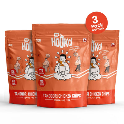 3-pack combo of Tandoori chicken chips, high-protein, baked not fried, 17g protein per 30g bag