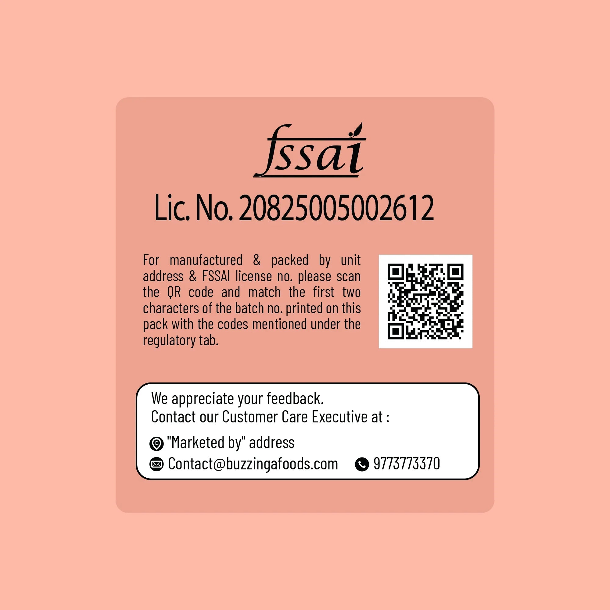 FSSAI license label with QR code for product verification and customer care contact details