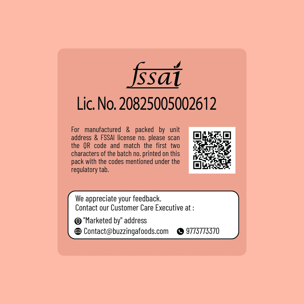 FSSAI license label with QR code for product verification and customer care contact details