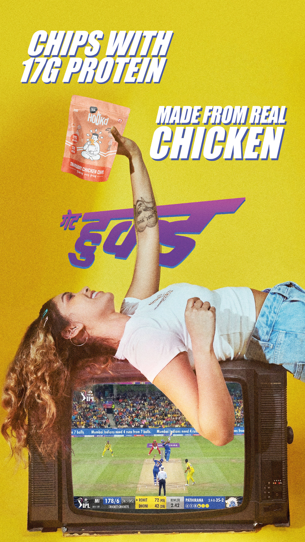 High-protein chicken chips with 17g protein, made from real chicken, enjoyed while watching cricket on TV.