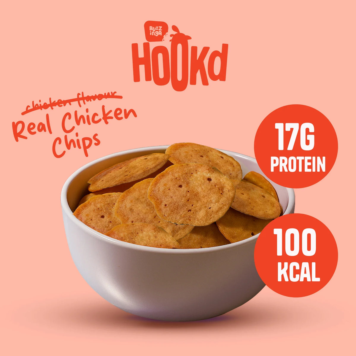 Real chicken chips in a bowl, 17g protein, 100 kcal per serving, high-protein snack