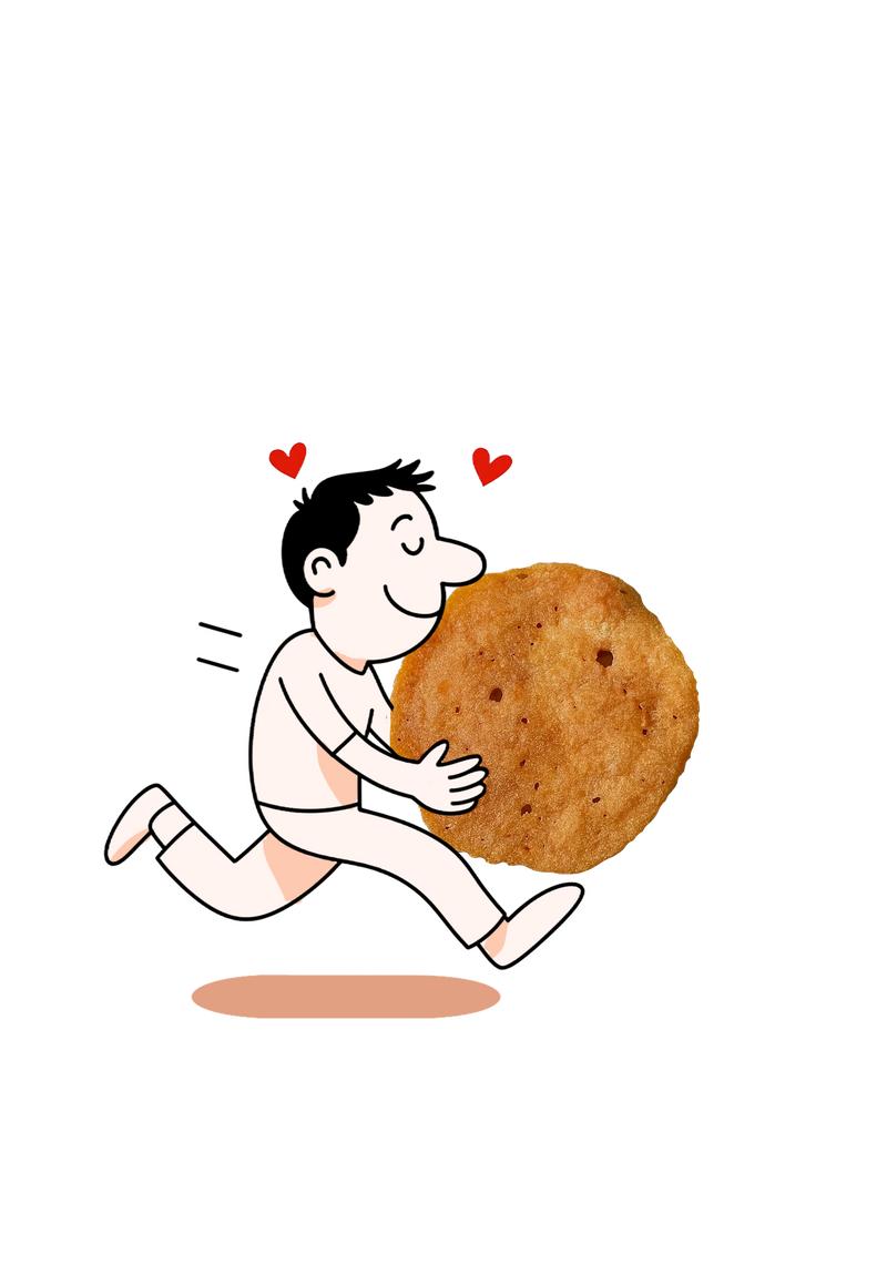 Happy man hugging giant high-protein chicken chip with hearts, guilt-free snack