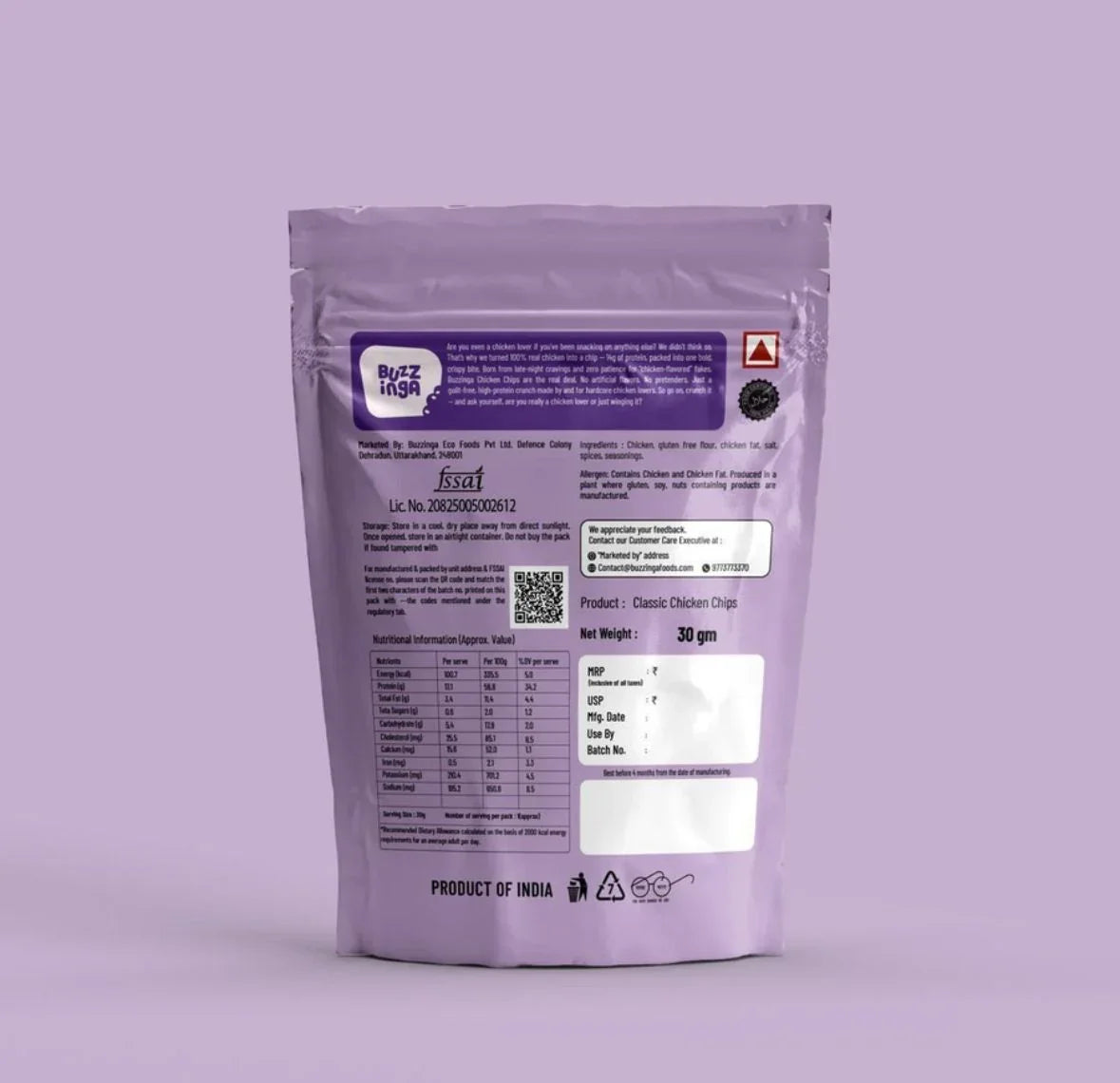 Back of Buzzinga Classic Chicken Chips bag showing nutrition facts, ingredients, and 30g net weight