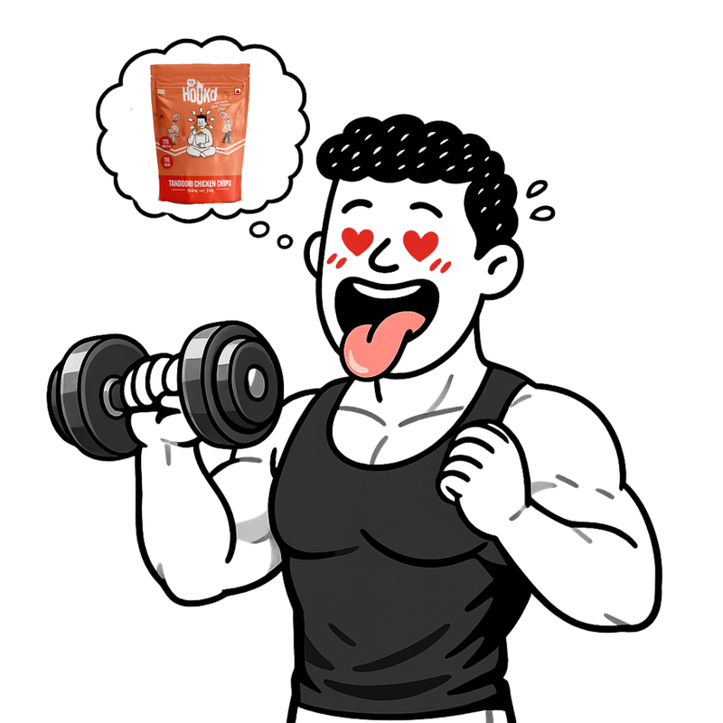 Muscular man lifting dumbbell, dreaming of Tandoori chicken chips for high-protein snacking.